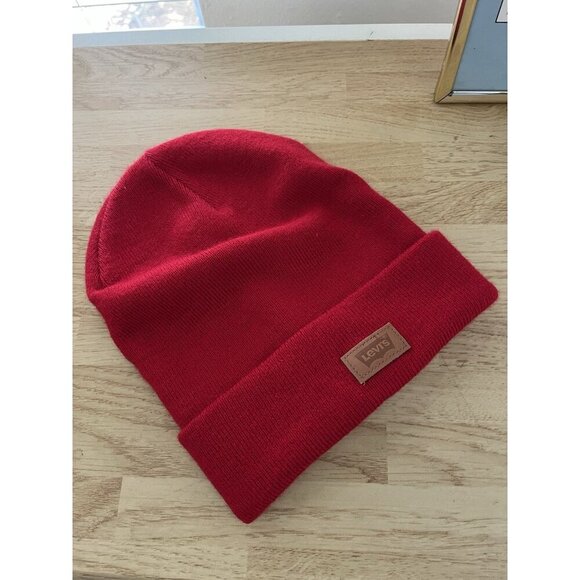 y2k Levis red knit beanie leather‎ logo patch skater winter unisex 8x9 - Picture 1 of 4